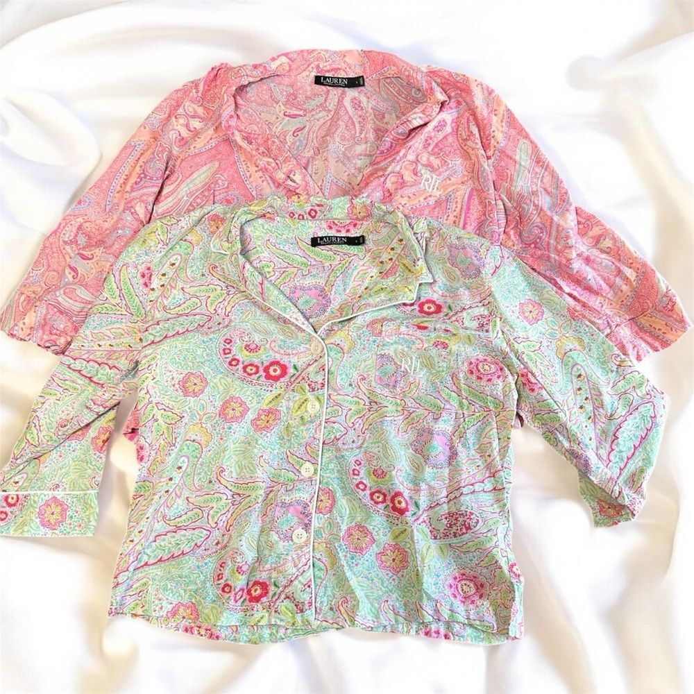 Lauren Ralph Lauren Pink and Green Paisley PJ Top Bundle L